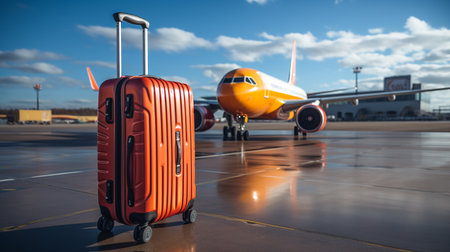 Travel concept. Airport with luggage suitcases and airplaneの素材