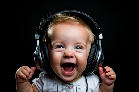 portrait of a crazy baby in headphones on a black backgroundの素材