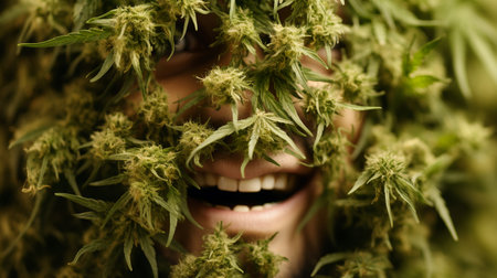 Smiling Face of Cannabis. Portrait of a Marijuana Enthusiast. Legal and Happyの素材