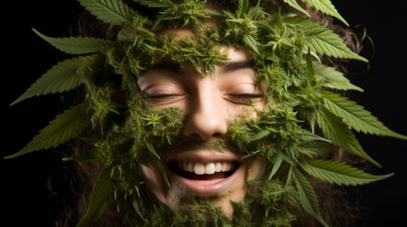 Smiling Face of Cannabis. Portrait of a Marijuana Enthusiast. Legal and Happyの素材