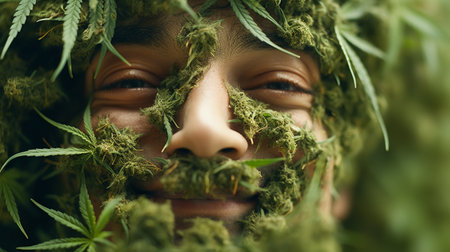 Smiling Face of Cannabis. Portrait of a Marijuana Enthusiast. Legal and Happyの素材