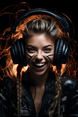 portrait of a girl in headphones on a black backgroundの素材