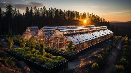 Aerial view on large glass houses. View from the top of the greenhouses.の素材