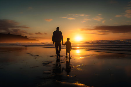 A father and son walk hand in hand along a beach. AI Generatedの素材