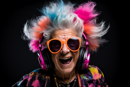 Cool grandma. Elderly woman listens to music on headphonesの素材