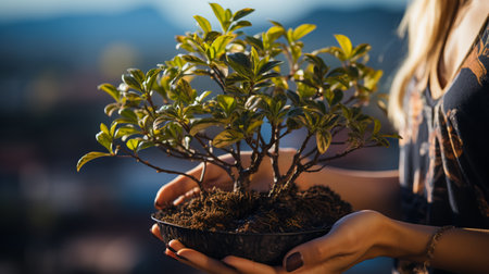 Hands holding a green young plantの素材