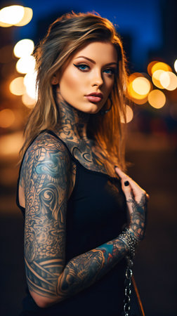 Tattooed Woman's Portrait. Urban Inked Beauty Under City Lightsの素材