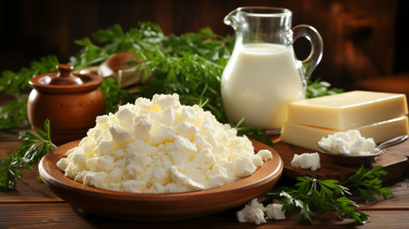 Wooden Table with Dairy Goodies. Rustic Dairy Delicaciesの素材