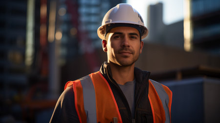 Engineer on a Skyscraper Site. Skyscraper Builder in the Evening Lightの素材