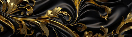 Black and gold, luxury background, floral shapes, black silk. AI Generatedの素材