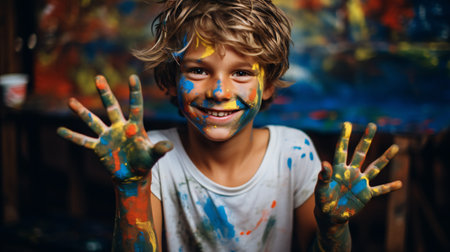 Smiling Boy with Paint. Portrait of a Young Painterの素材