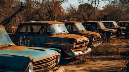 Rusty relics of the past. Derelict automobiles. AI Generatedの素材