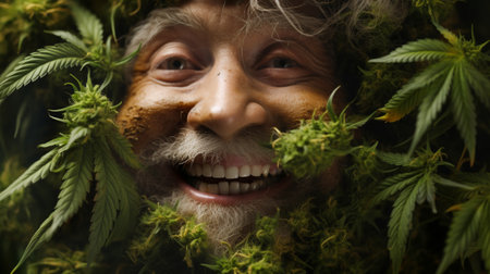 Smiling Face of Cannabis. Portrait of a Marijuana Enthusiast. Legal and Happyの素材