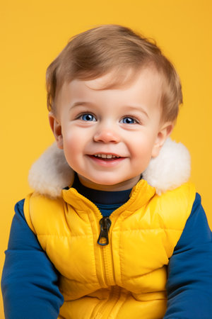 Smiling Boy on Yellow Background. Smiling Toddler with Blue Eyesの素材
