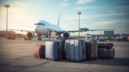 Suitcase in front of the plane at the airportの素材