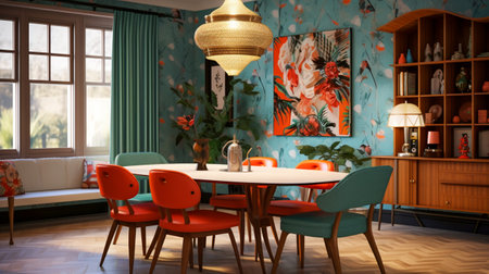 Vintage Kitchen. Colorful Retro Home. Classic Dining Roomの素材