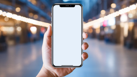 hand holding a smartphone with blank screenの素材