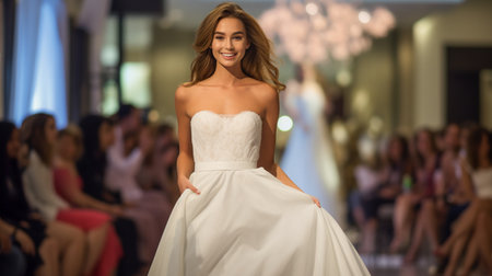 Wedding Model. Female models walk the runway in beautiful stylish white wedding dresses during a Fashion Showの素材