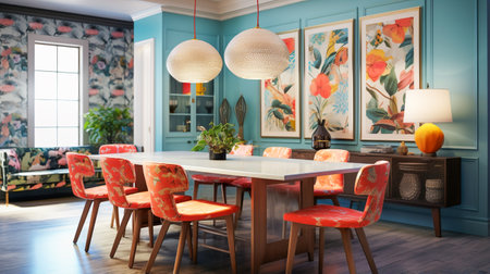 Vintage Kitchen. Colorful Retro Home. Classic Dining Roomの素材