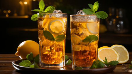 iced tea with lemon and ice in tall glassesの素材