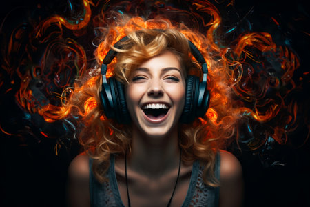 portrait of a girl in headphones on a black backgroundの素材