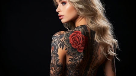 Back View of a Woman Flaunting Her Tattoo. Young Lady Displaying Her Intricate Tattooの素材