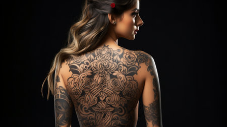 Back View of a Woman Flaunting Her Tattoo. Young Lady Displaying Her Intricate Tattooの素材