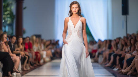 Wedding Model. Female models walk the runway in beautiful stylish white wedding dresses during a Fashion Showの素材