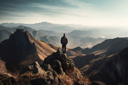 a person standing at the top of a mountain, looking out at the stunning view. Generative AIの素材