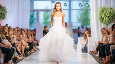 Wedding Model. Female models walk the runway in beautiful stylish white wedding dresses during a Fashion Showの素材
