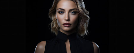 Fashion Portrait on a Dark Background. Beautiful Woman Posing on Blackの素材