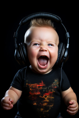 portrait of a crazy baby in headphones on a black backgroundの素材