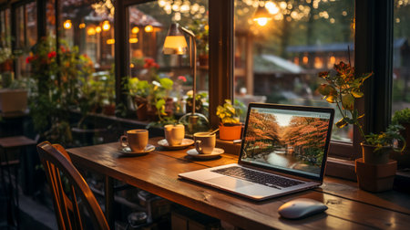 Modern Workplace with Laptop on a Stylish Desk. Stylish Workspace with Computerの素材