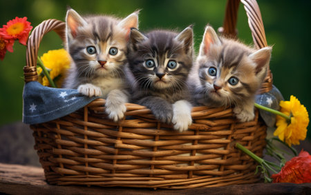 cute kittens in a wicker basketの素材
