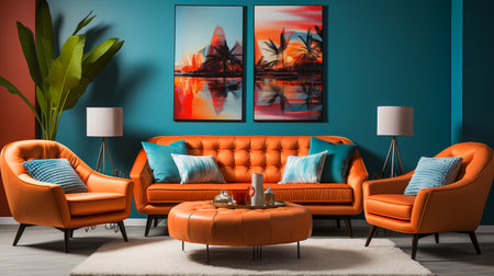 Modern living room interior in hot orange and teal green colorの素材
