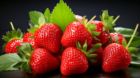 ripe strawberry fruits on a dark backgroundの素材
