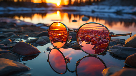 sunglasses on the evening beach at sunsetの素材