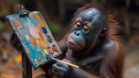 Artistic Ape. Orangutan with a Brushの素材