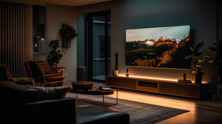 Elegant living room with big TV screen. Big TV In A Living Roomの素材