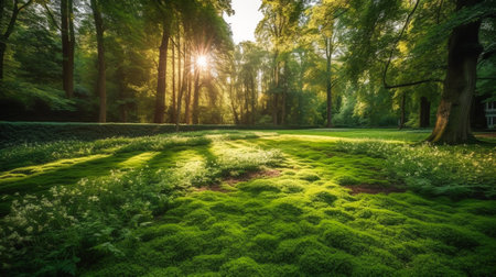 Smooth Carpet of Verdant Grass. Expansive Green Serenity Landscapeの素材