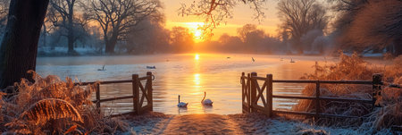 Sunset Reflections on the Lake. Swan on a Golden Pondの素材