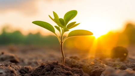 young plant growing on soil. Fresh Green Plant. AI Generatedの素材