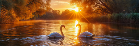 Sunset Reflections on the Lake. Swan on a Golden Pondの素材