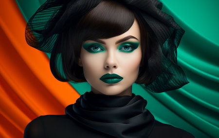 Girl in Intense Emerald Fashion. Glamor in Black and Greenの素材