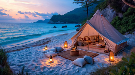 Luxury Tent by the Shore. Sunset Romance on the Beach. Relaxing by the Oceanの素材