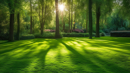 A Green Park Bathed in Morning Sunshine. Summer Splendor in the Heart of the Forestの素材