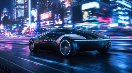 Autonomous car in a futuristic city with neon lights at nightの素材