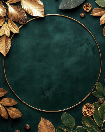 Forest green template with golden foil shapes overlapping in the center. A circular photo placeholder is on the left, with text space belowの素材