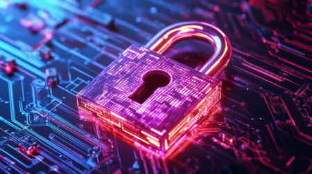 A neon-blue digital padlock with circuit patterns on a dark tech background, representing data protection and online securityの素材