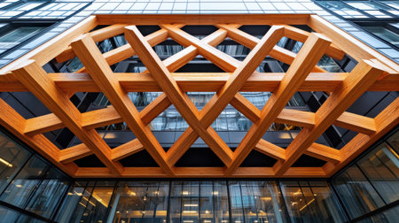 Geometric wooden lattice overlaying glass, creating a striking balance of natural and contemporary design.の素材